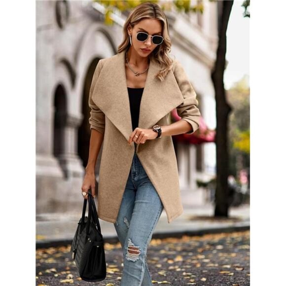Women's Winter Coat - Casual Lapel Mid-Long Open Front Wool Blend - Picture 4 of 6
